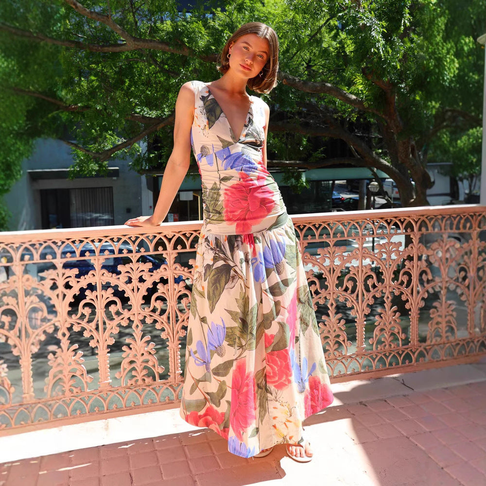 Spring Summer Maxi Dress Internet Celebrity Same Printed Waist Controlled V neck Swing Dress Bella Mia